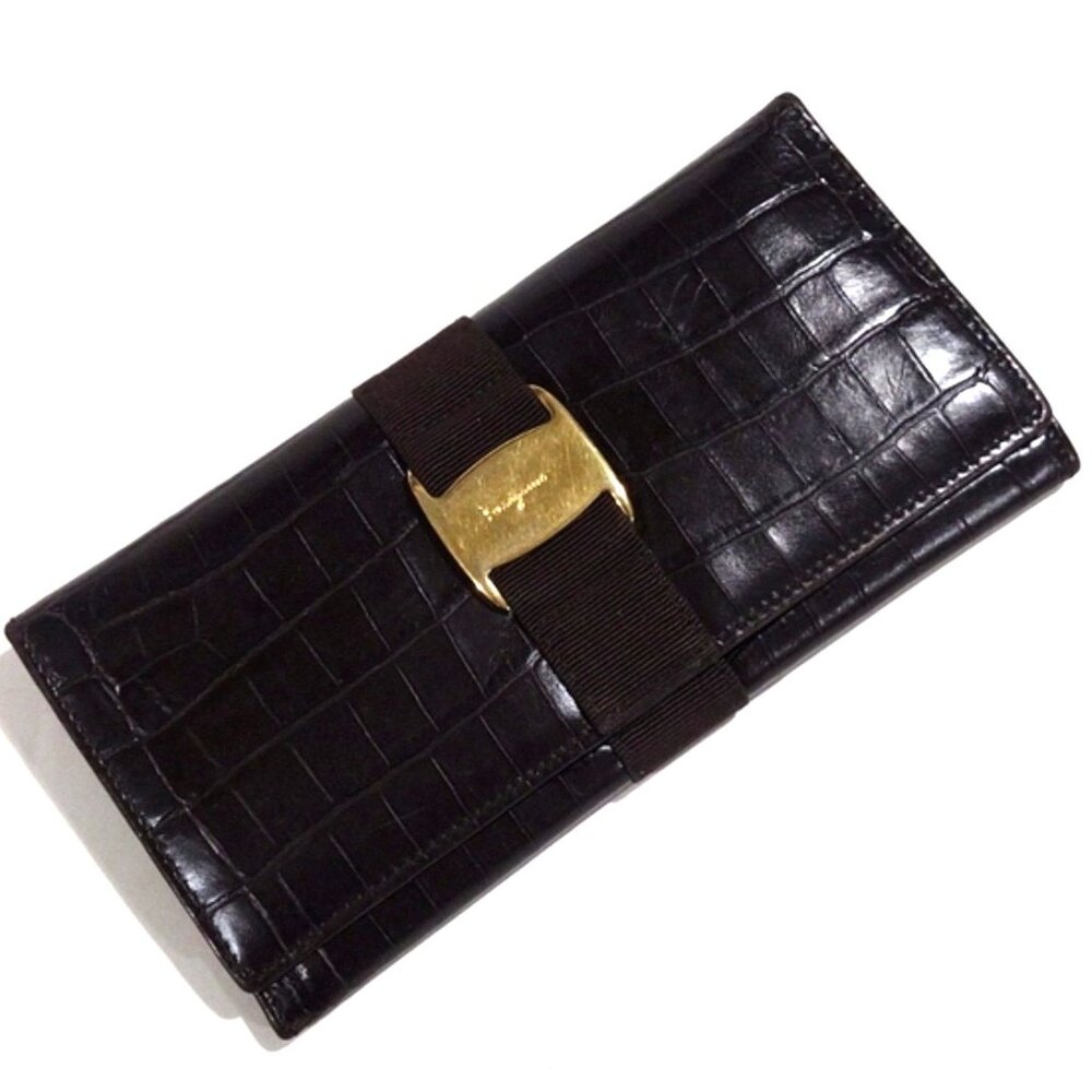 Salvatore Ferragamo Brown Crocodile-Embossed Leather Long Wallet Women Luxury